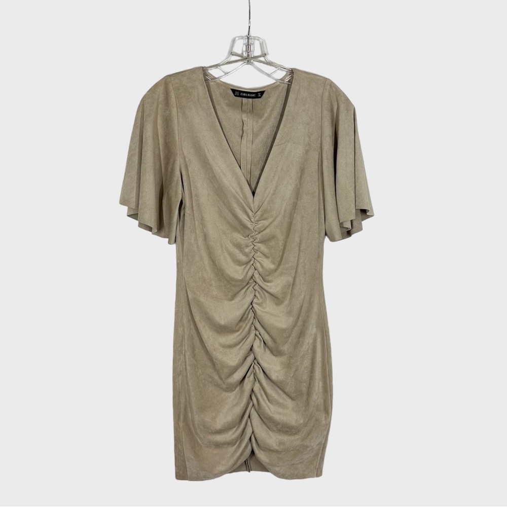 ZARA Basic Dress Faux Suede Draped Sand Size M Tan V-neck Ruffle Sleeve Rouched